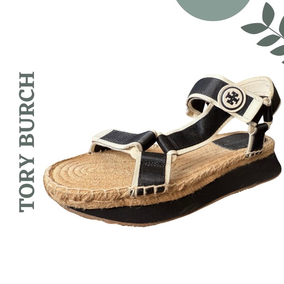 Tory Burch Black White Tan Espadrille Platform Sandals Velcro Closure Size 10 - Picture 3 of 10